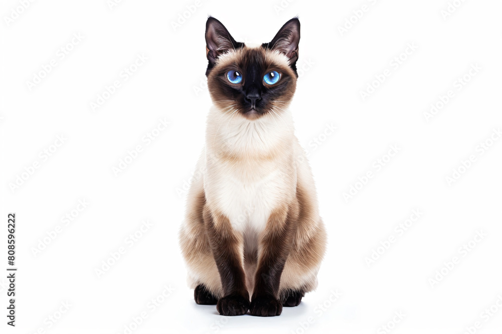 a siamese cat with blue eyes sitting on a white surface