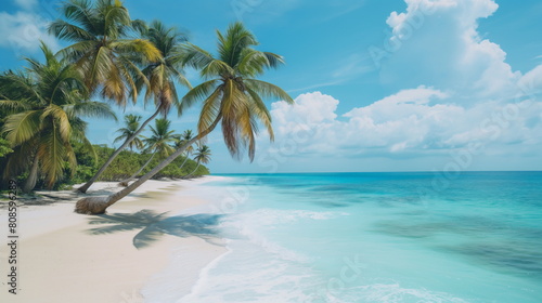 Tropical Paradise Getaway, Palm Trees Swaying on White Sandy Beach Against Turquoise Waters © Mars0hod