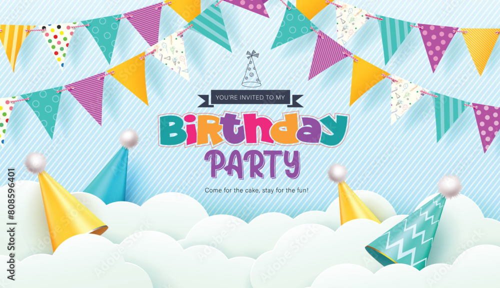 Birthday party vector background design. Happy birthday invitation card with streamers banners and hat decoration elements in clouds paper cut background. Vector illustration birthday greeting design.