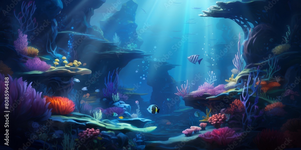 Banner of the seabed with coral reefs and colorful fish, reminiscent of the picturesque underwater world