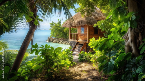 Wooden beach hut with a thatched roof  nestled among lush greenery near the water edge