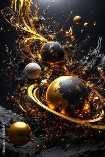 Galaxy, Collision of Planets, Black and Gold Paints
