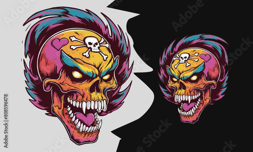 An attractive t-shirt design featuring a colorful, stylized skull with sharp, glowing eyes and skull and intricate symbols such as crossbones, hearts and stars.