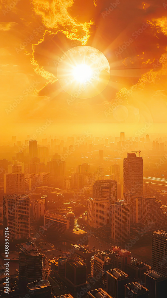 Heatwave on the city with the glowing sun background Heatwave concept