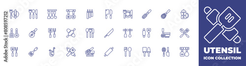 Utensil line icon collection. Editable stroke. Vector illustration. Containing utensils, cooking utensils, kitchen utensils, whisk, rolling pin, ladle, cutlery, turner, pizza cutter, knife.