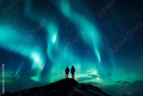 Aurora Borealis and Silhouetted Figures: A Cosmic Enchantment