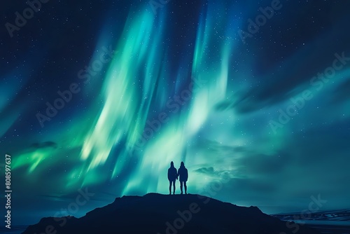 Aurora Borealis and Silhouetted Figures  Cosmic Splendor