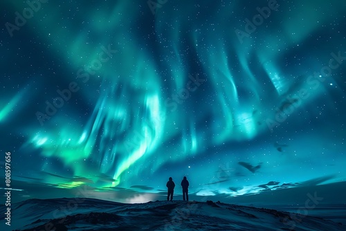 Aurora Borealis and Silhouetted Figures: Cosmic Splendor © S.Ivanova