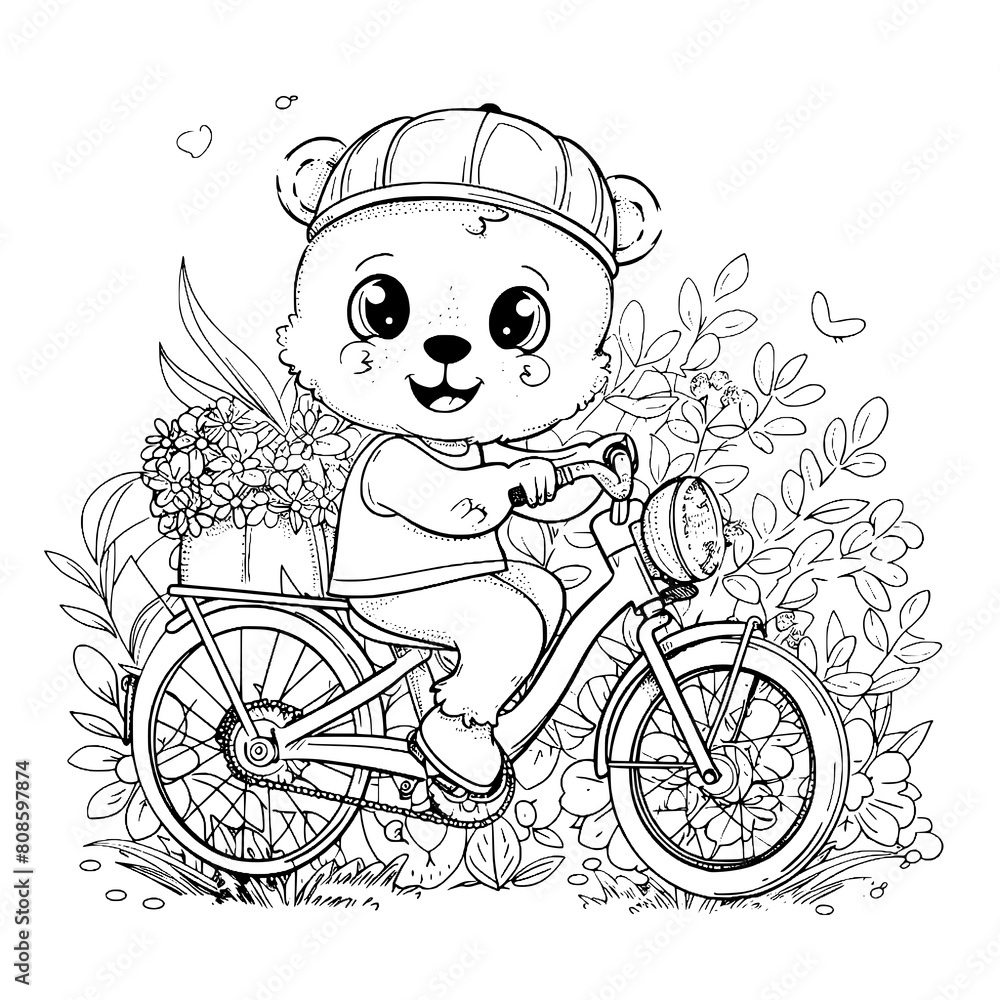 Bear on bicycle illustration clip art coloring book black and white for kids and adults isolated line art on white background. Bear on bicycle illustration clip art coloring book black and white for kids and adults isolated line art on white background.