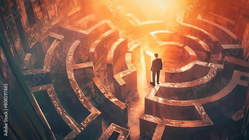 A businessman standing in the middle of a maze, looking for a way out. Business challenges and solutions concept animation. photo