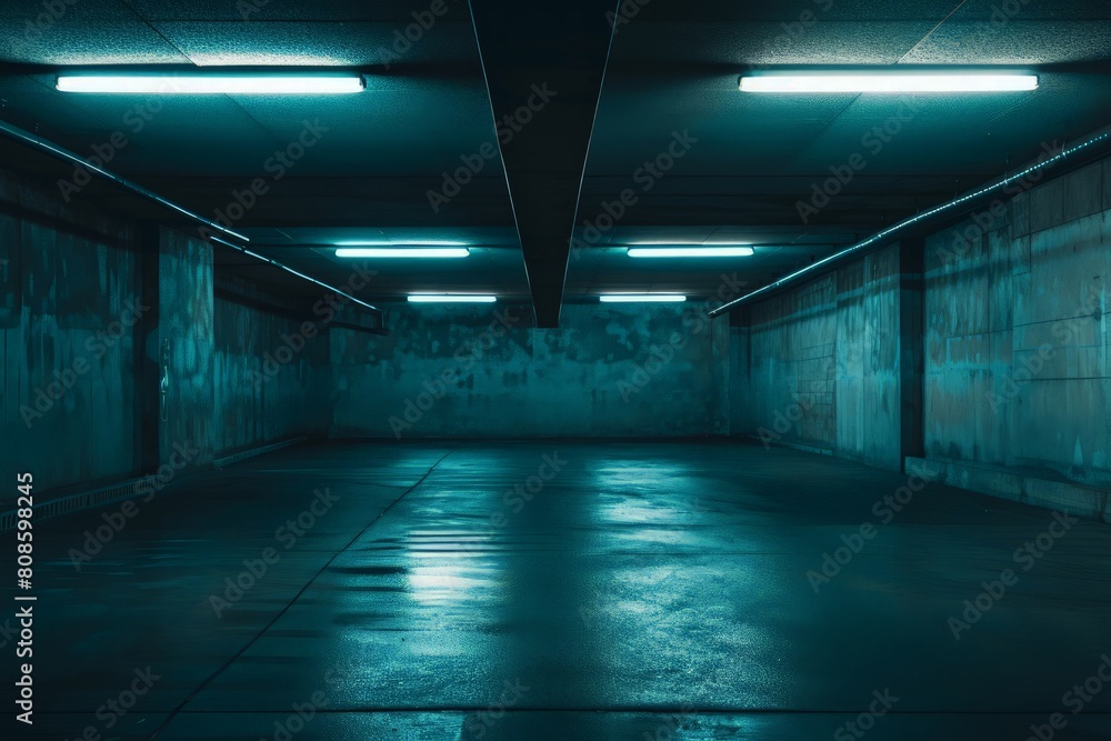 Sci fi looking dark and moody underground parking lot with fluorescent lights on. Concrete wall