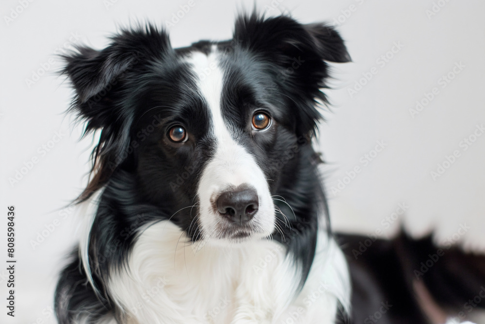 a black and white dog laying on a bed