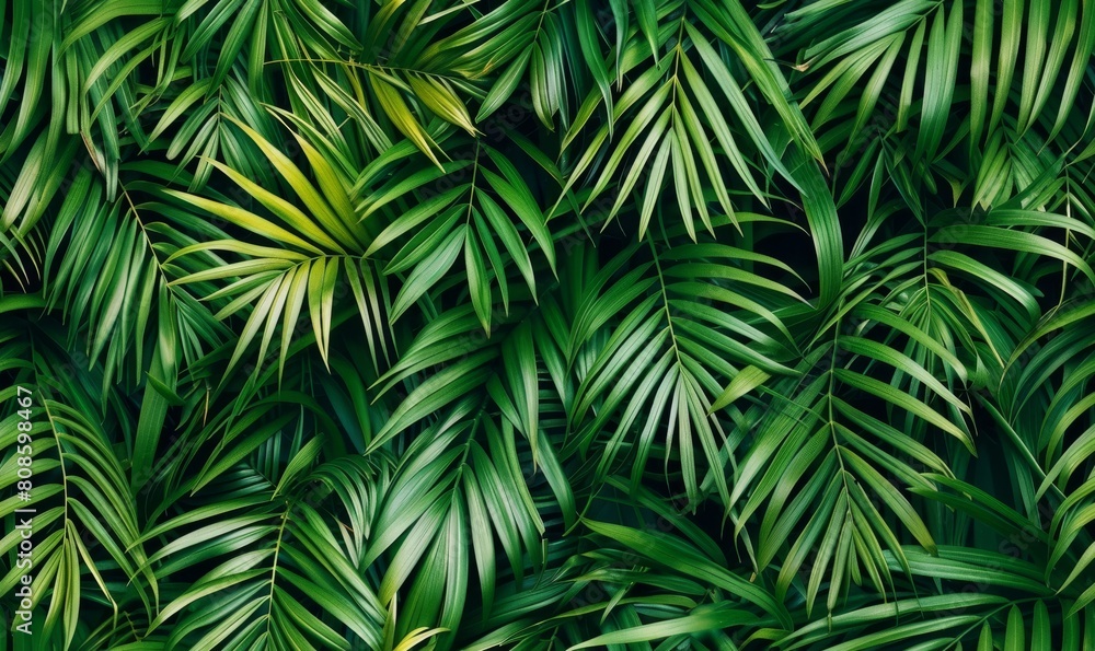 Lush Green Jungle with Palm Leaves on Dark Background Lush Green Jungle with Palm Leaves on Dark Background