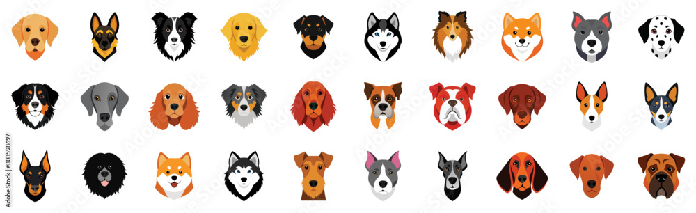 Collection of Dog Breeds Heads Icons, vector cartoon illustration. Diverse dogs - German Shepherd, Golden Retriever, Labrador, Bulldog, Boxer, Dalmatian, Rottweiler, Husky, Beagle. Collection of Dog Breeds Heads Icons, vector cartoon illustration. Diverse dogs - German Shepherd, Golden Retriever, Labrador, Bulldog, Boxer, Dalmatian, Rottweiler, Husky, Beagle.