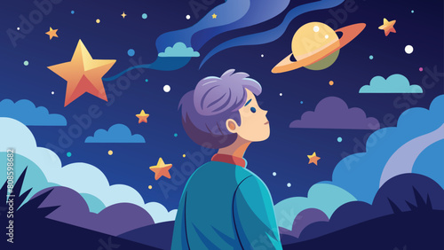Man gazing at a starry night sky with planets, vector cartoon illustration.