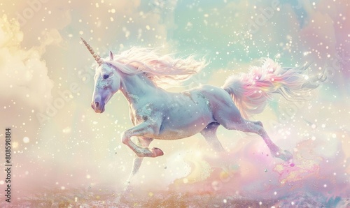 Unicorn jumps on the clouds