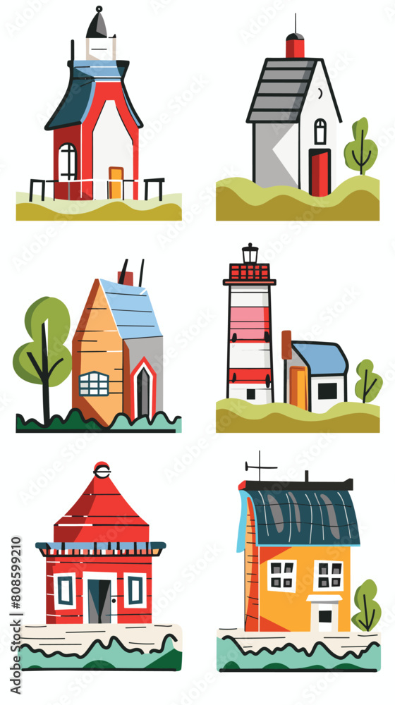 Collection various colorful simple houses buildings illustrations. Graphic style structures including lighthouse, fire station, residential homes. Cartoon architecture, isolated white background