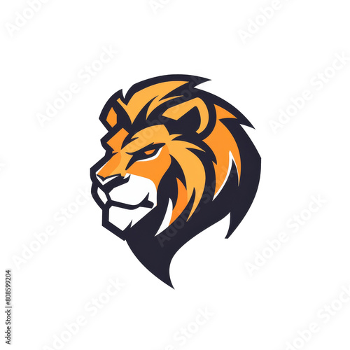 A stylized lion head logo in orange and black hues