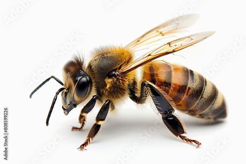 a bee with a black and yellow stripe on its body © mizmizstk