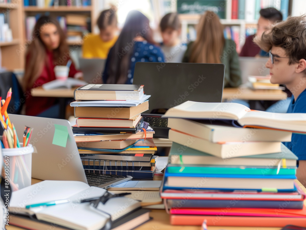 Pile of books nearest laptop. The concept of information search on the Internet. Pile of books nearest laptop. The concept of information search on the Internet.