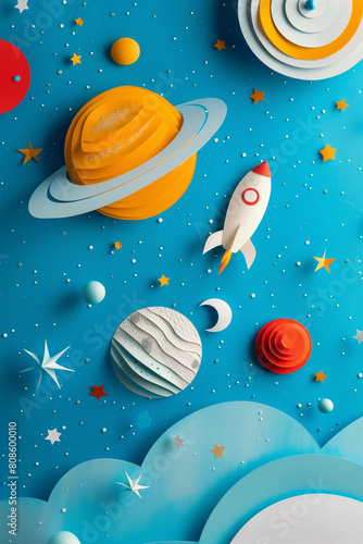 Flying rocket in space with planet and stars. Science concept inspiration. Paper art cartoon. Modern origami design template.