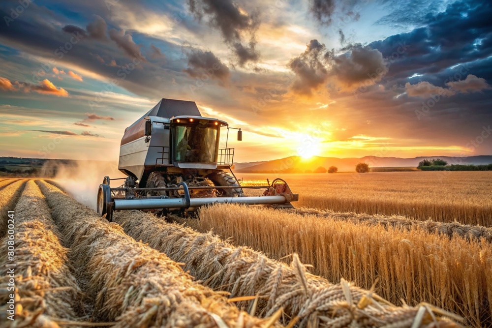 Fototapeta premium Agricultural industry and machinery.. A combine harvester removes golden ears of ripe wheat against the background of a ripening field. The concept of planting and harvesting a rich harvest.