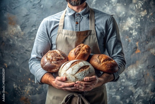 Fresh delicious bread in the hands of a male baker in close-up. Freshly baked sourdough bread with a golden crust. Bakery with delicious bread. Confectionery products.