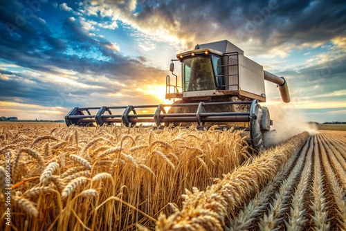Agricultural industry and machinery.. A combine harvester removes golden ears of ripe wheat against the background of a ripening field. The concept of planting and harvesting a rich harvest.