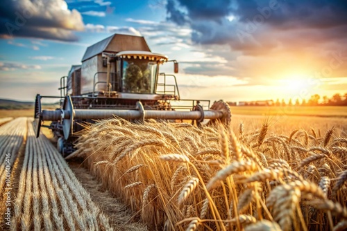 Agricultural industry and machinery.. A combine harvester removes golden ears of ripe wheat against the background of a ripening field. The concept of planting and harvesting a rich harvest. photo