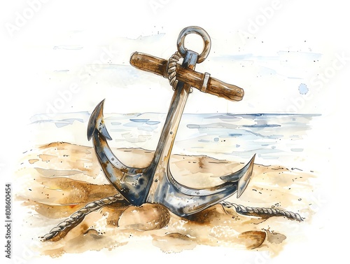 A ship anchor sits on the sand.