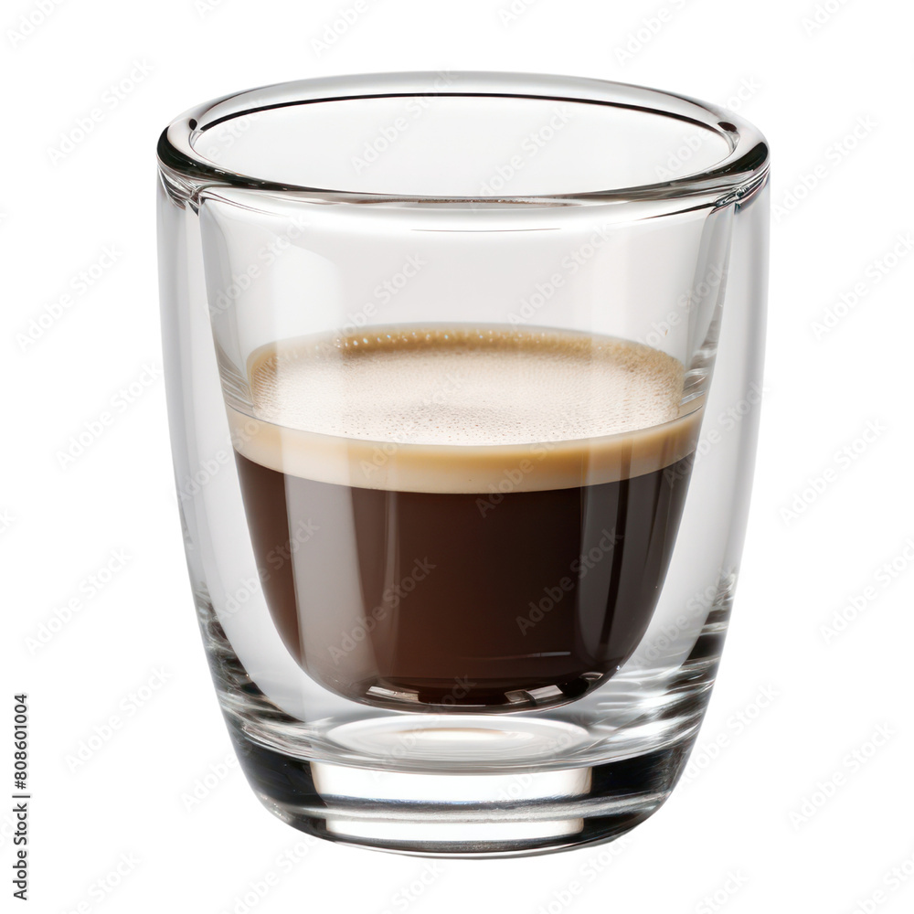Transparent double-walled glass cup with a coffee drink inside. Transparent double-walled glass cup with a coffee drink inside.