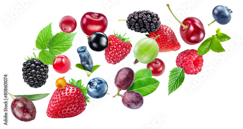 Plenty of berries with leaves floating in air on white background. File contains clipping paths.