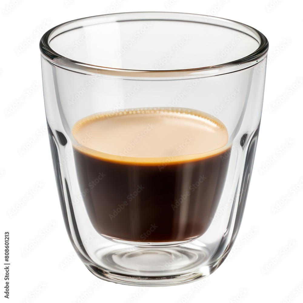 Transparent double-walled glass coffee cup with a delicious espresso inside. Transparent double-walled glass coffee cup with a delicious espresso inside.