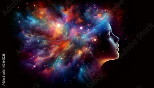 3D Image of a girl s profile  transitioning into a cosmic explosion