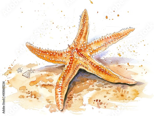 A watercolor painting of a starfish on the beach. The starfish is orange with five arms and a textured surface. The beach is sandy and wet, with a few shells and pebbles.