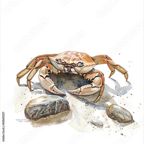 A watercolor painting of a crab on the beach. The crab is brown and has large claws. It is standing on a rock and there are other rocks and sand around it. The background is white. photo