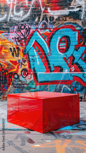 High gloss red acrylic podium on a graffiticovered street background, great for edgy, urban fashion or streetwear presentations