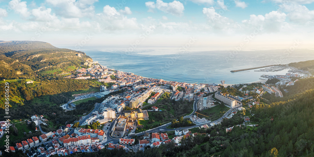 Ταπετσαρία Drone aerial view on Sesimbra, fishing town in Setubal district in Portugal