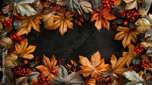 Autumn Leaves and Berries Frame on Dark Slate Background - Elegant Seasonal Decoration Design.