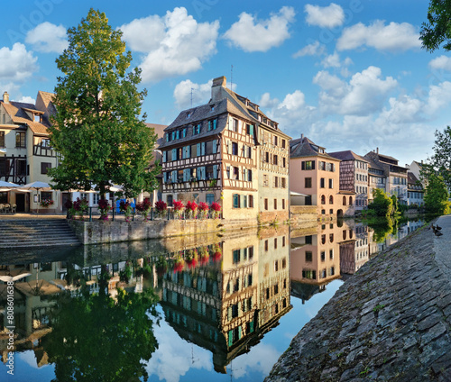 Le Petite France  the most picturesque district of old Strasbourg. Half-timbered houses with reflection in waters of the Ill channels.