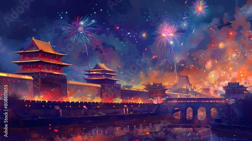 Watercolor traditional building fireworks illustration poster background