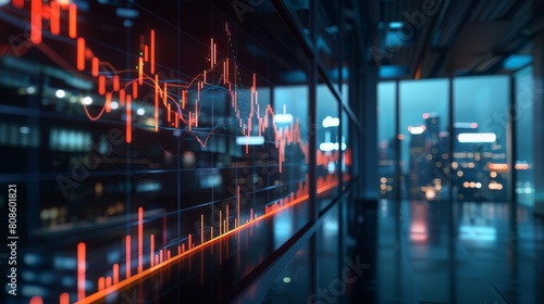 A nighttime view in a highstakes financial office where a bright graph of investment strategies flies towards the front  highlighting the critical data