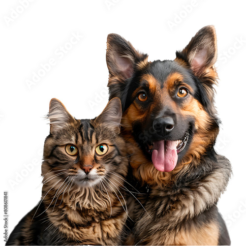 Portrait of Happy dog and cat that looking at the camera together isolated on transparent background.