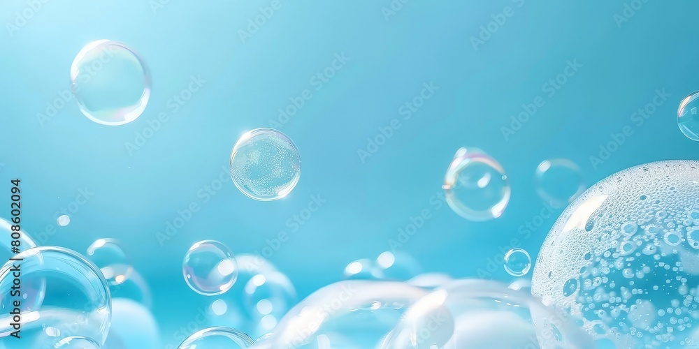 White bubbles on a blue background, soap foam bubbles floating in the air