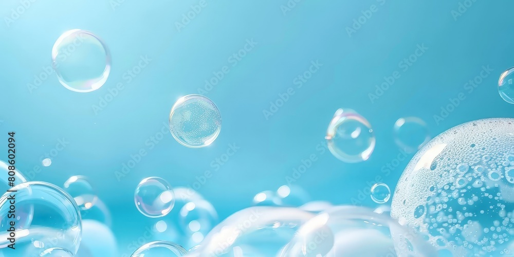 White bubbles on a blue background, soap foam bubbles floating in the air White bubbles on a blue background, soap foam bubbles floating in the air