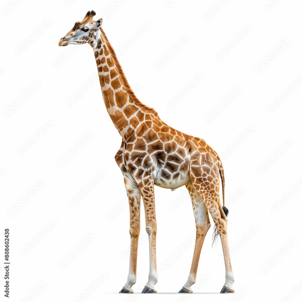 Obraz premium a giraffe standing on a white surface with a white background