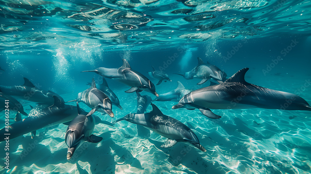 Obraz premium Underwater School of dolphins in Crystal Clear Blue Sea