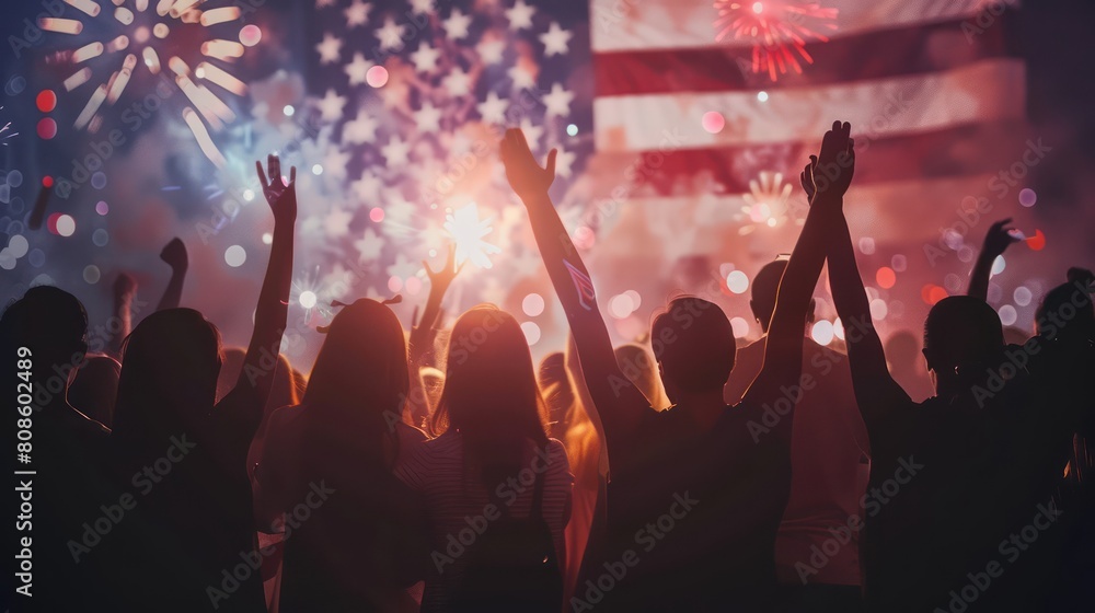 silhouette of people celebrate with Flag of USA and firework, 4th of July concept background