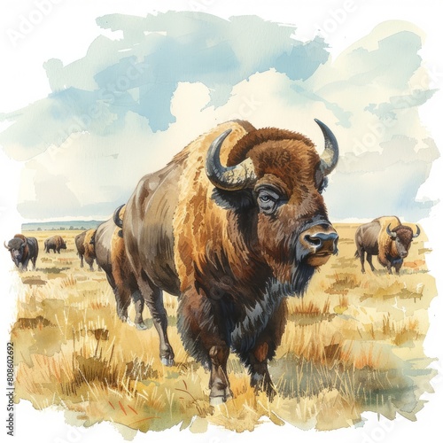 Watercolor painting of a herd of buffalo roaming the grassy plains, on isolated white background, Generative AI