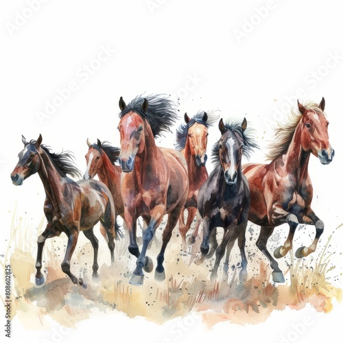 Watercolor painting of a herd of wild horses galloping across a field, on isolated white background, Generative AI © kiyut